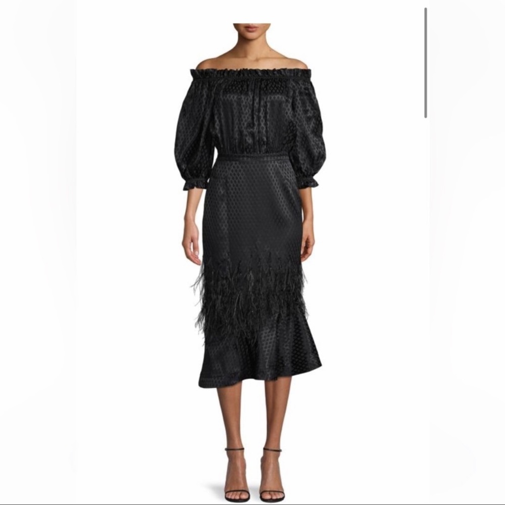 Saloni off the shoulder feather detail dress